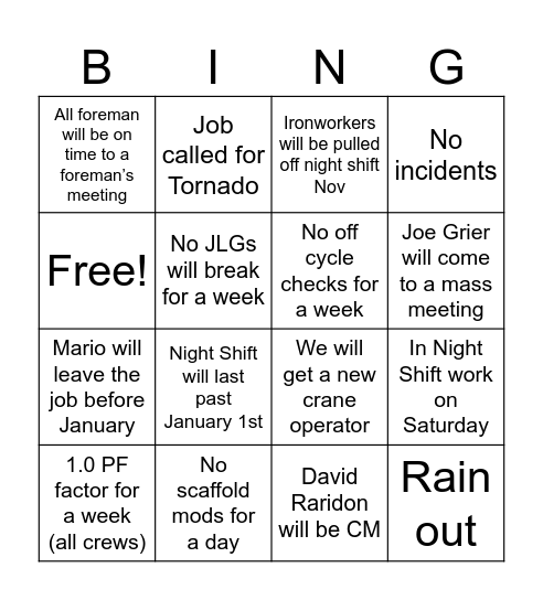 Staff bingo Card