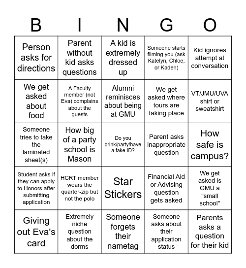 HCRT Fall Premiere Bingo Card