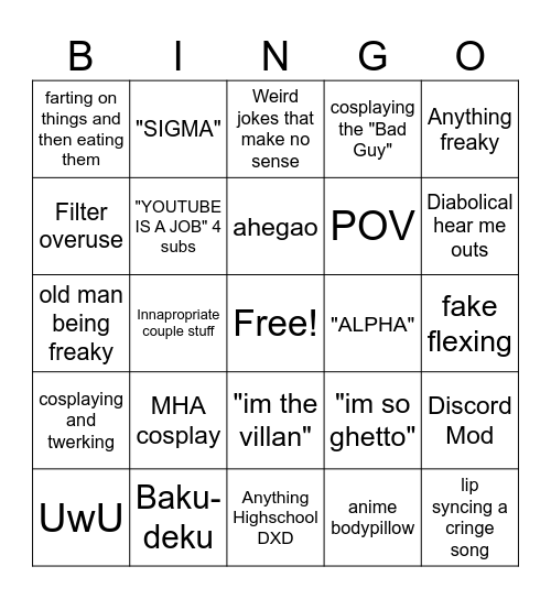 Cringe Bingo Card