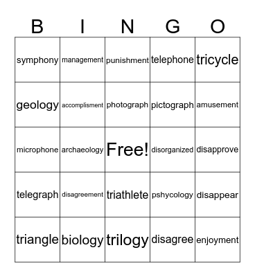 Roots & Affixes Bingo Card