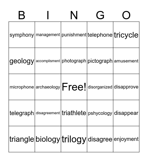 Roots & Affixes Bingo Card