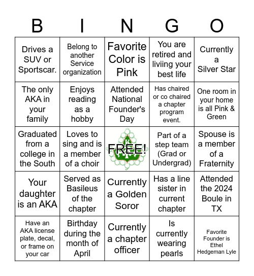 ALPHA KAPPA ALPHA SORORITY BINGO Card