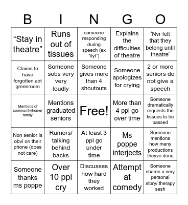Senior Greenroom Bingo Card
