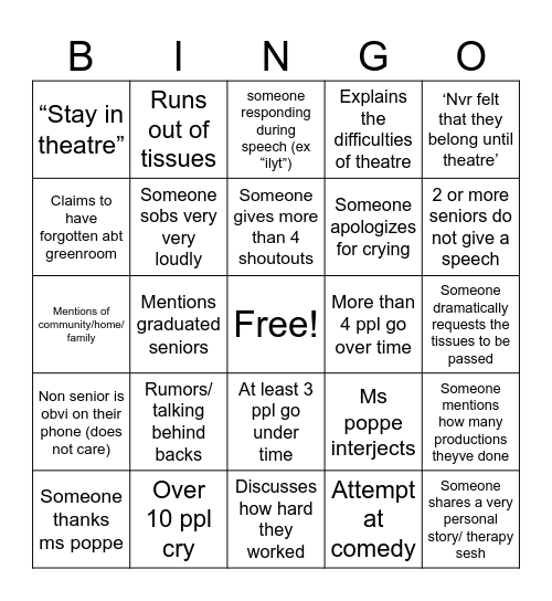 Senior Greenroom Bingo Card