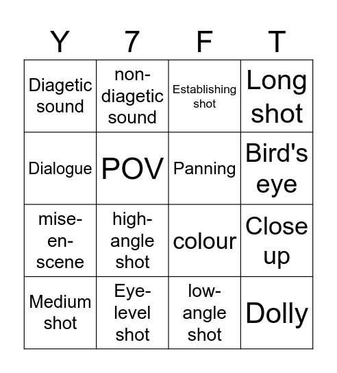 Year 7 Film Technique Bingo Card