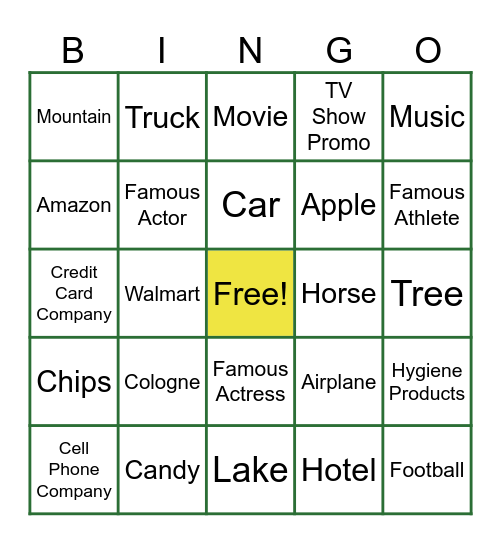 Football Commercial Bingo! Bingo Card