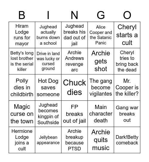 Riverdale Season 2 Bingo Card