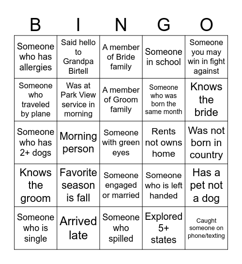 Wedding Guest Bingo Card