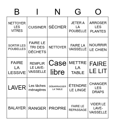 Les tâches ménagères Bingo Card