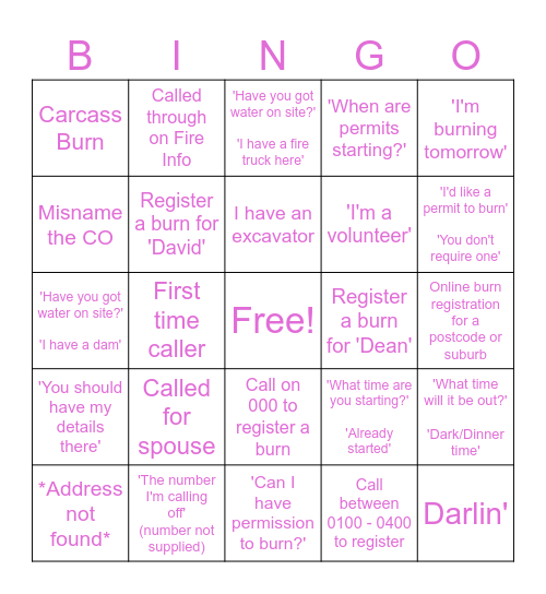 BURN REG BINGO Card