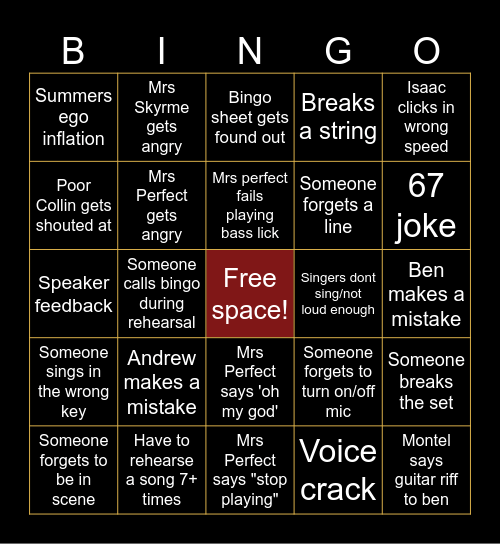 Rehearsal Bingo Card