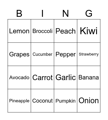 Fruits and Vegetables Bingo Card