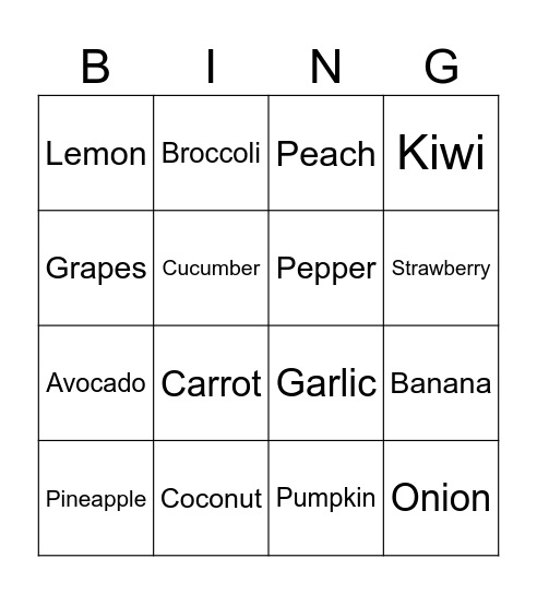 Fruits and Vegetables Bingo Card