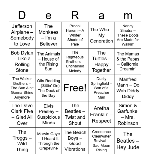 Muziekbingo 60S Bingo Card