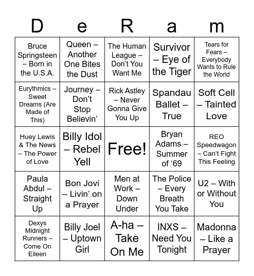 Muziekbingo 80S Bingo Card