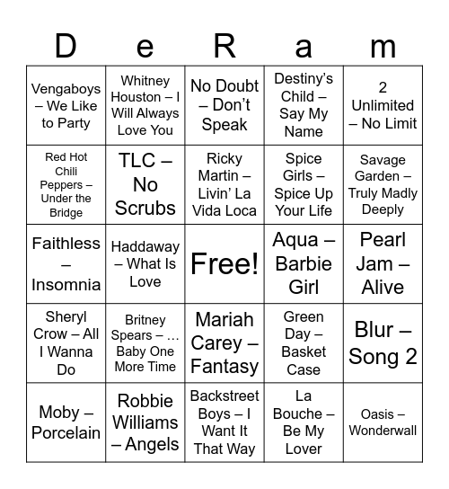 Muziekbingo 90S Bingo Card