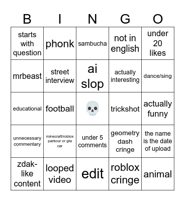yt shorts Bingo Card