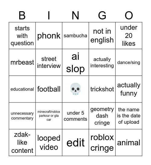 yt shorts Bingo Card
