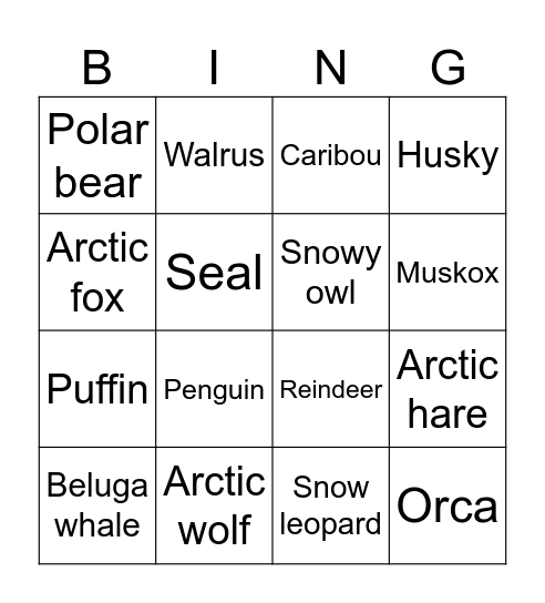 POLAR  ANIMALS Bingo Card