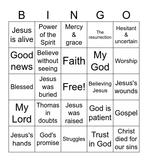 Jesus and the Doubter (John 20:24-29) Bingo Card