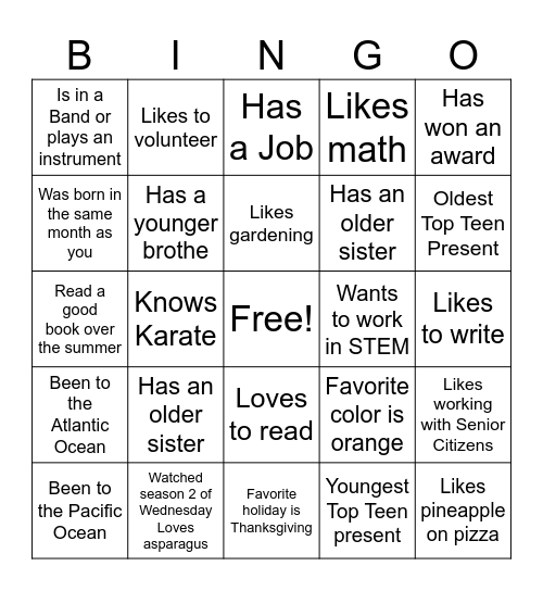 TOP TEENS Bingo Card