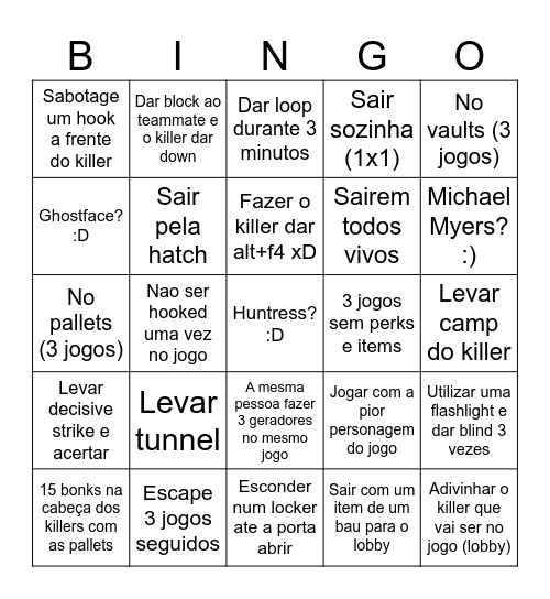 Dead By Daylight Bingo Card