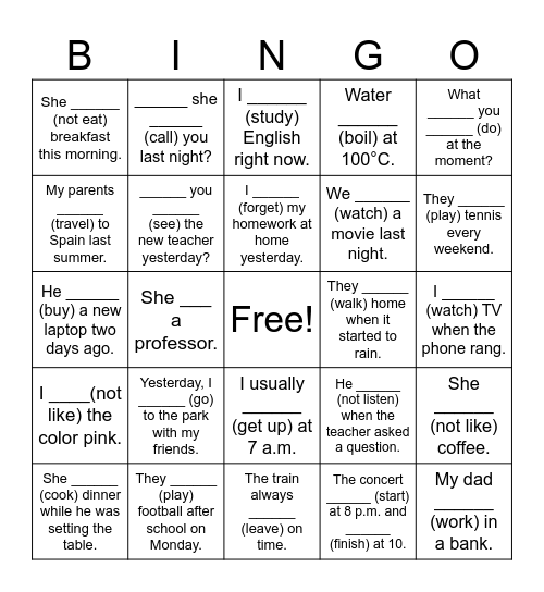 Tenses Review Bingo Card