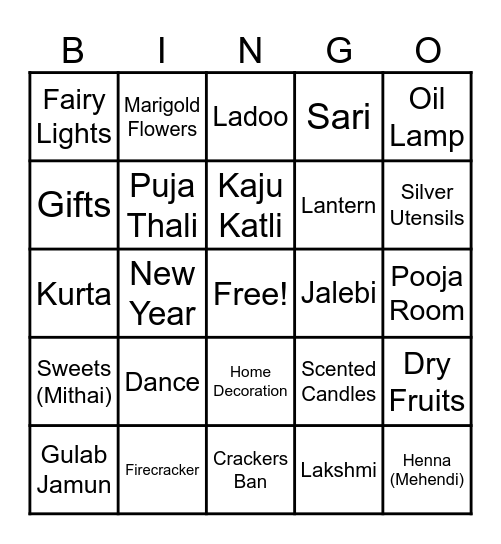 R.A.G.A. Diwali Bingo Card