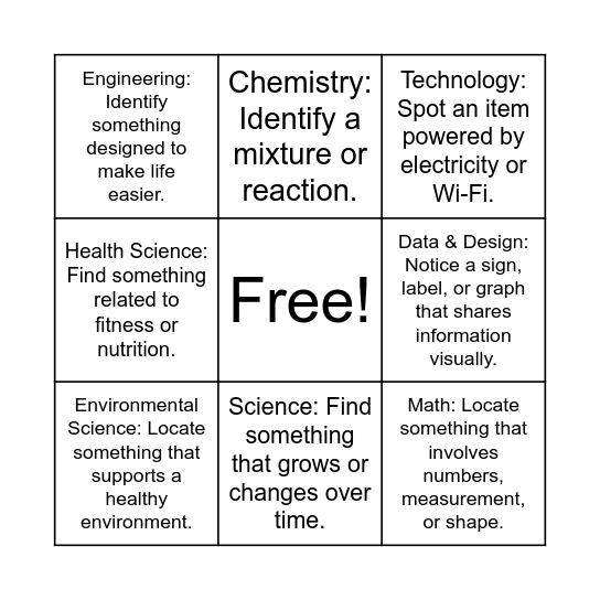 STEM Scavenger Hunt Bingo Card