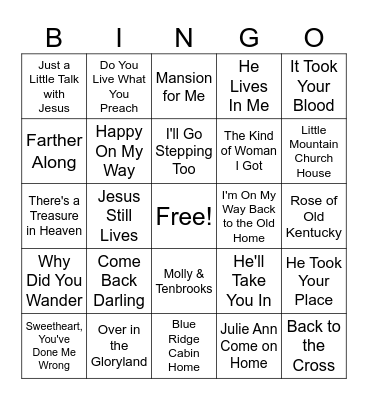 Bluegrass Songs Bingo Card