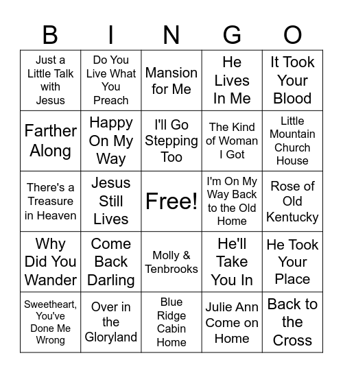 Bluegrass Songs Bingo Card