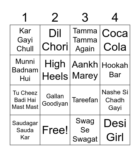 Bollywood Songs Bingo Card