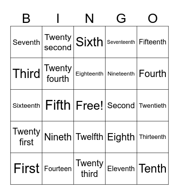 Ordinal  Bingo Card