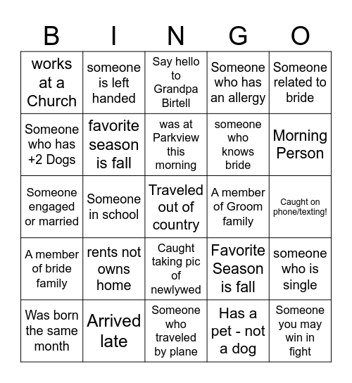 Wedding Bingo Card