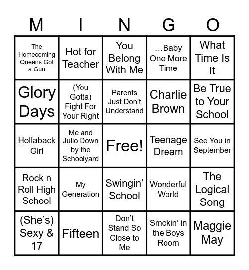 Class Dismissed! Bingo Card