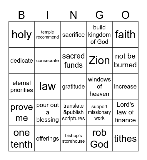 The Law of Tithing Bingo Card