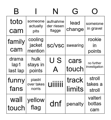 USA Sprint Bingo Card