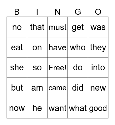 Sight Words BINGO Card