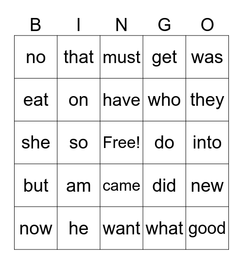 Sight Words BINGO Card