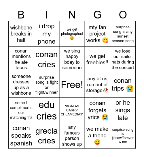 conan gray concert! Bingo Card