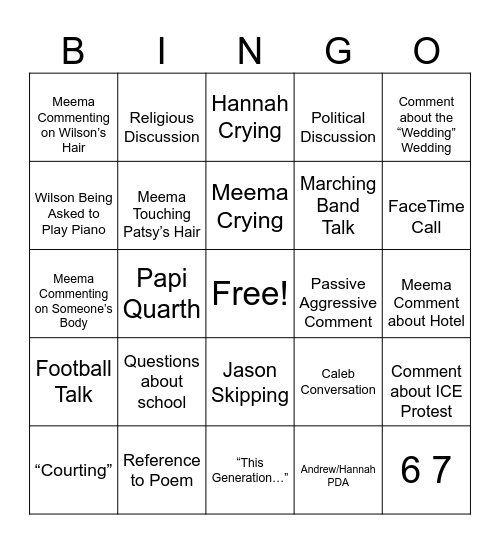 Family Gathering Bingo Card