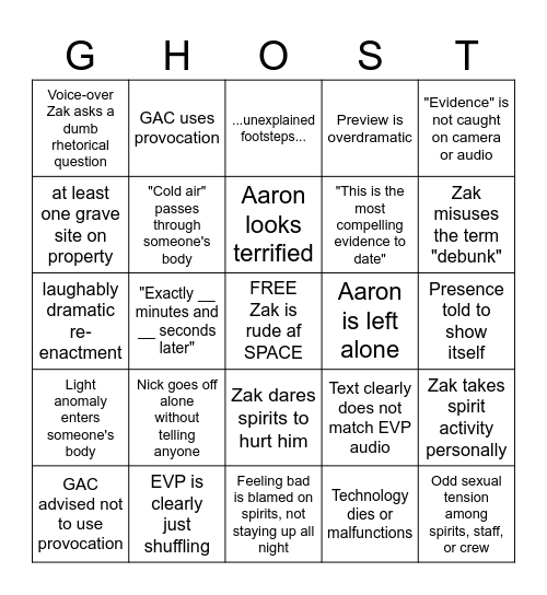 Ghost Adventures Bingo Card