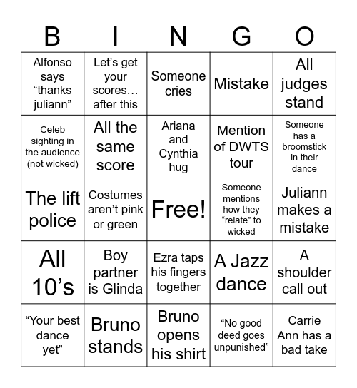 DWTS WICKED Night Bingo Card