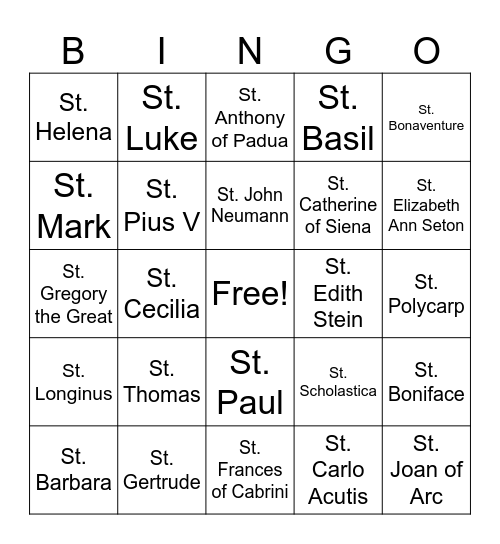 All Saint's Bingo Card