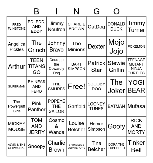 CARTOON CHARACTERS Bingo Card