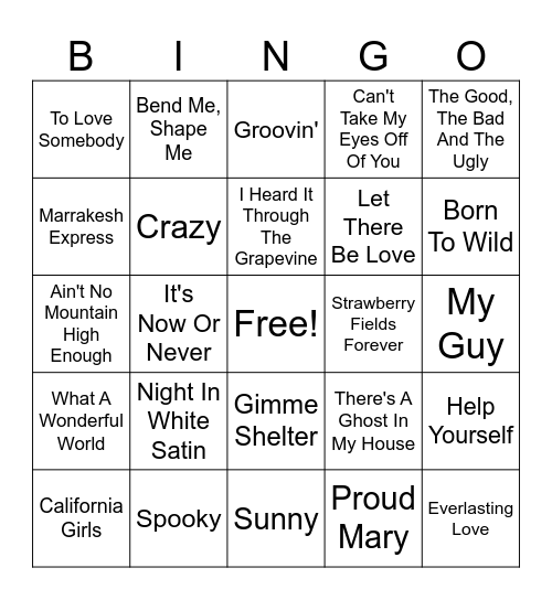 All 60's Music Bingo Card