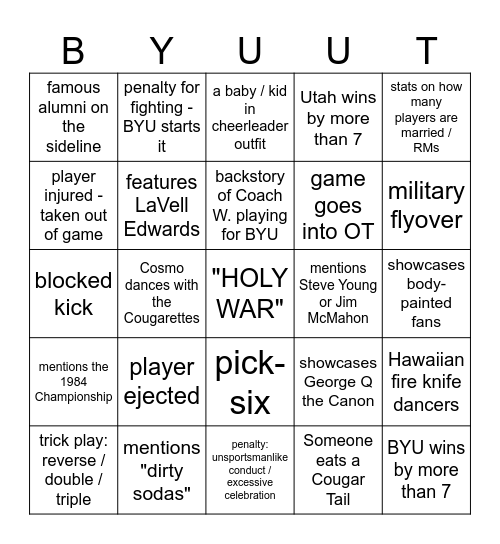 BYU vs. Utah Commentator Bingo - 2025 Bingo Card