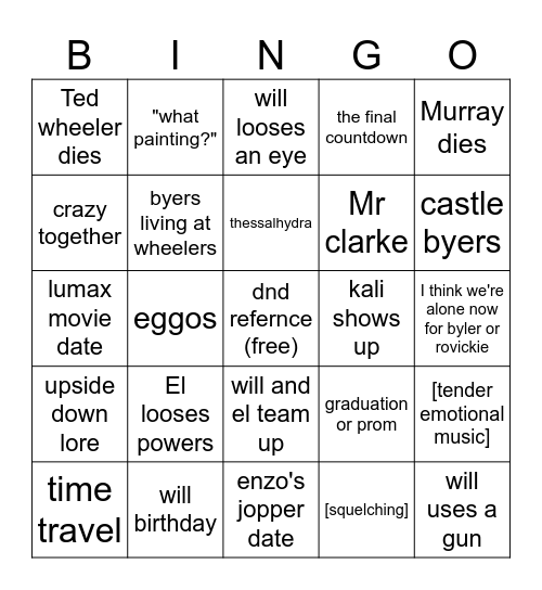 stranger things s5 Bingo Card