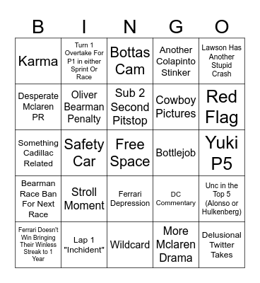 F1 2025 COTA GP Bingo Card