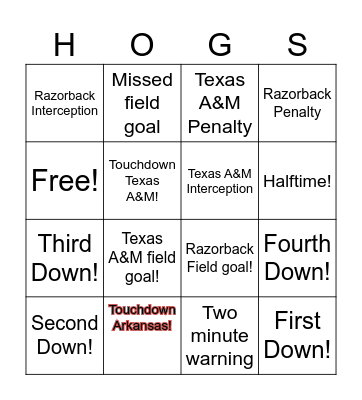 Arkansas vs Texas A&M Bingo Card